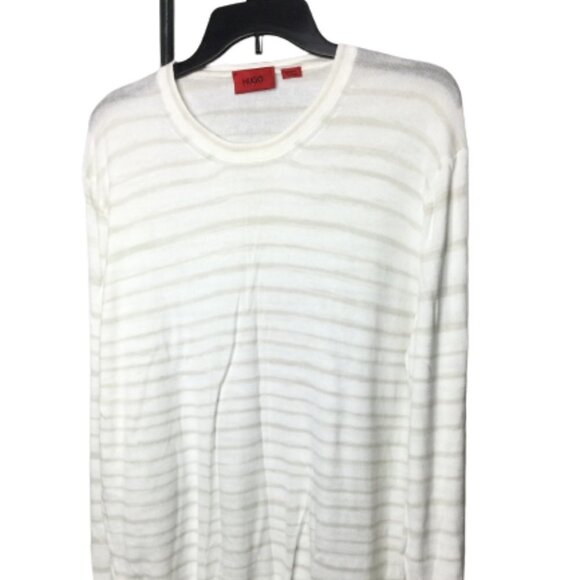 Hugo Boss Sweater Men's White Striped Cotton Crewneck Ribbed Cuff/Hem Pullover‎ - Picture 1 of 8
